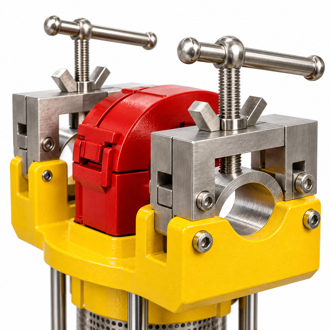 Close-up of the AR-CM-001 conductor clamps, threaded handles and red induction housing.
