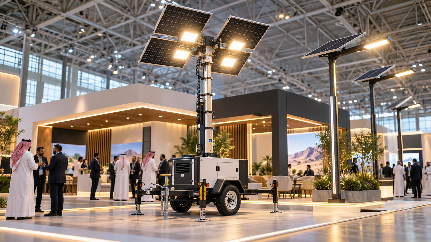 Solar light tower and solar street lights displayed in a modern exhibition booth with visitors in Saudi business attire.