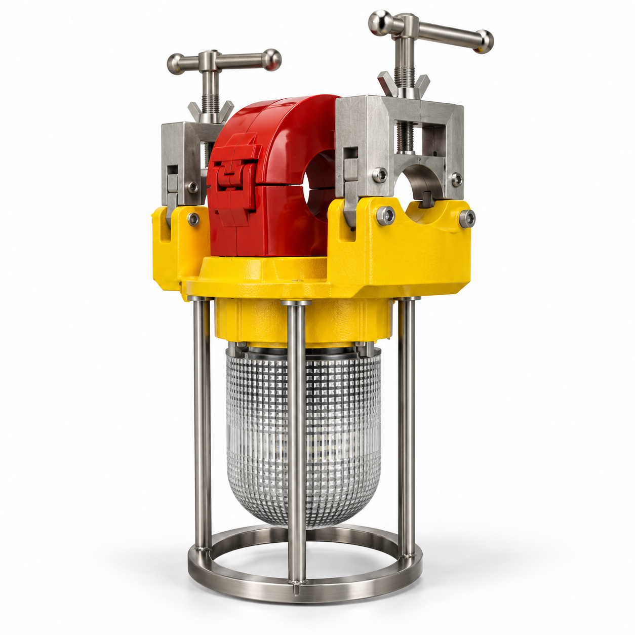 Front-view product illustration showing the red induction housing, yellow mounting assembly, conductor clamps and clear LED lens within its protective metal frame.